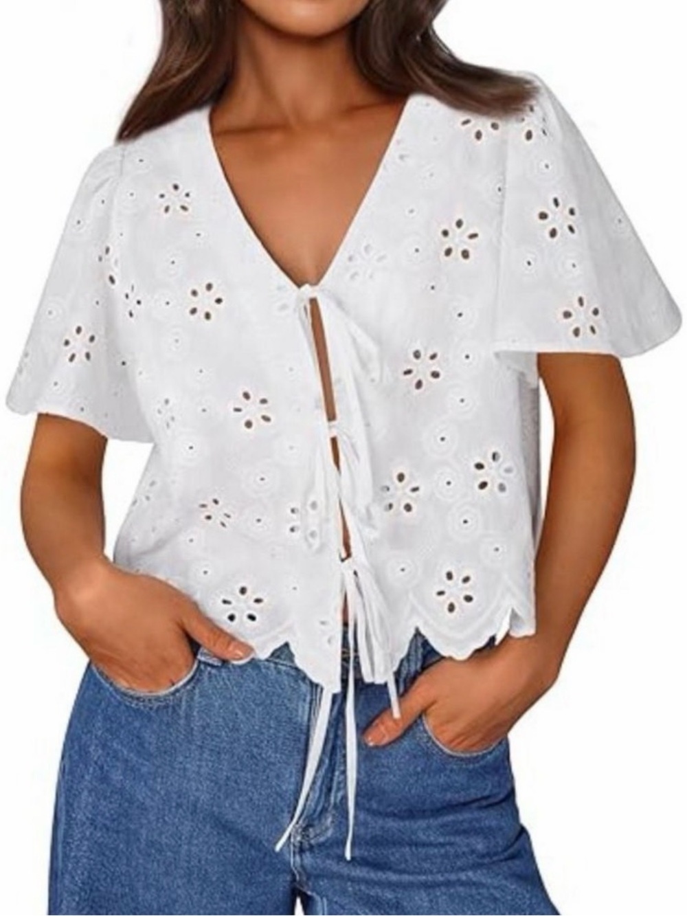 NWT White Eyelet Embroidered Tie Front Top Cottagecore Boho Medium